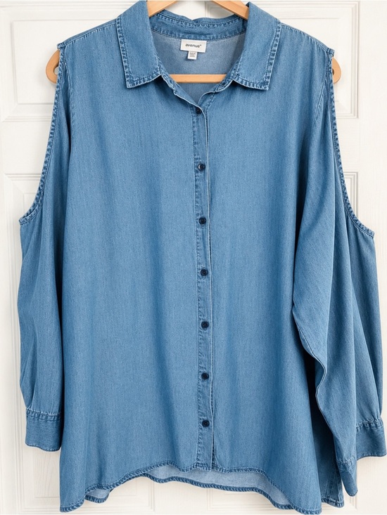 Avenue Tops - Soft Denim Relaxed Button Down Shirt – Cutout Shoulder, 3X
